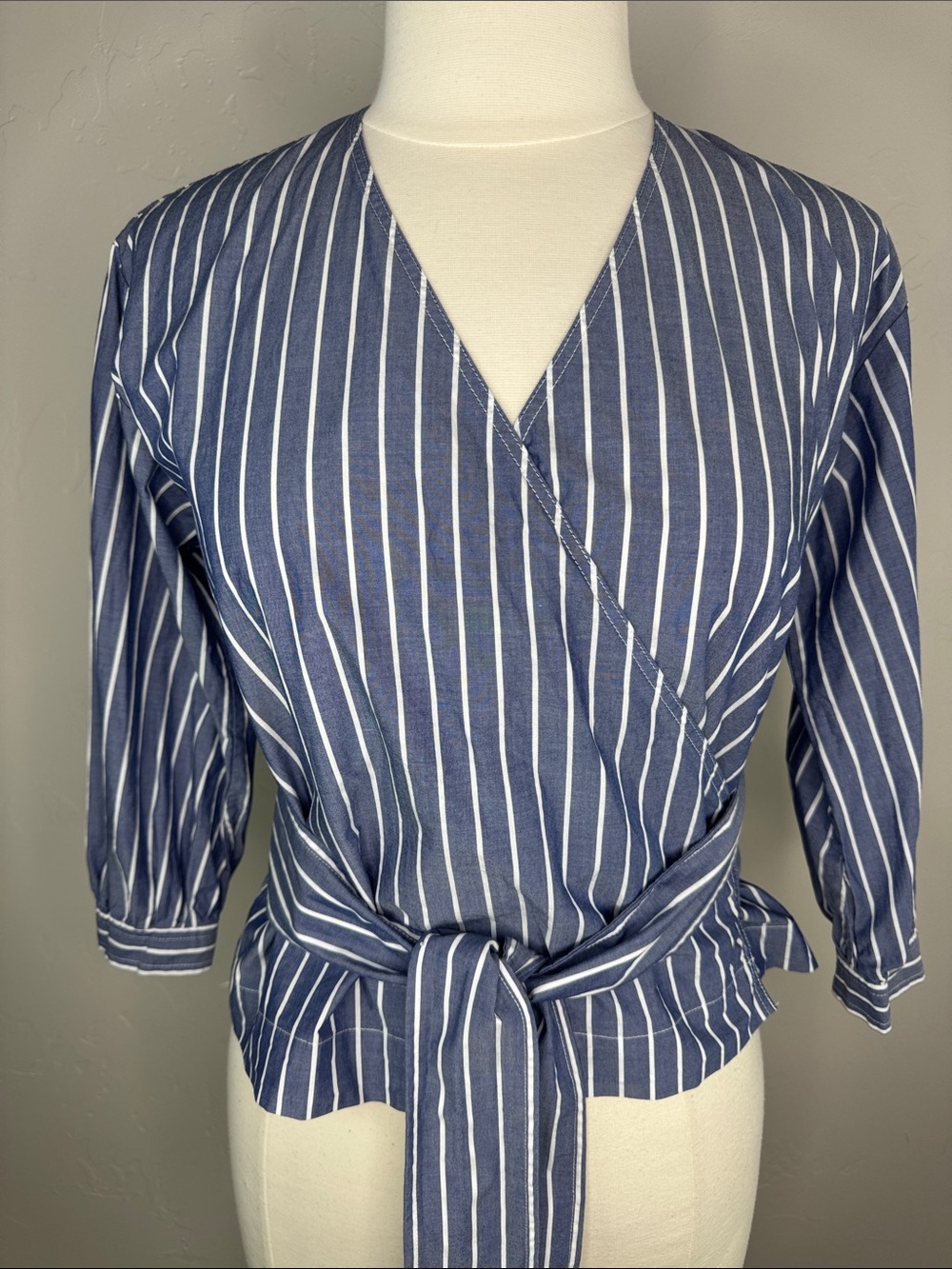 Everlane Blue & White Vertical-Stripe Wrap 100% Cotton Blouse Everlane 0 S/M